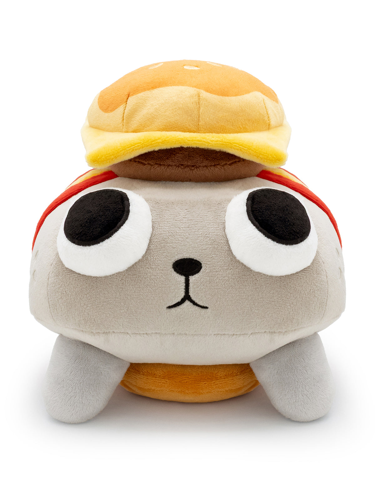 Pebble plush with cheese burger on his head and bottom. facing forward