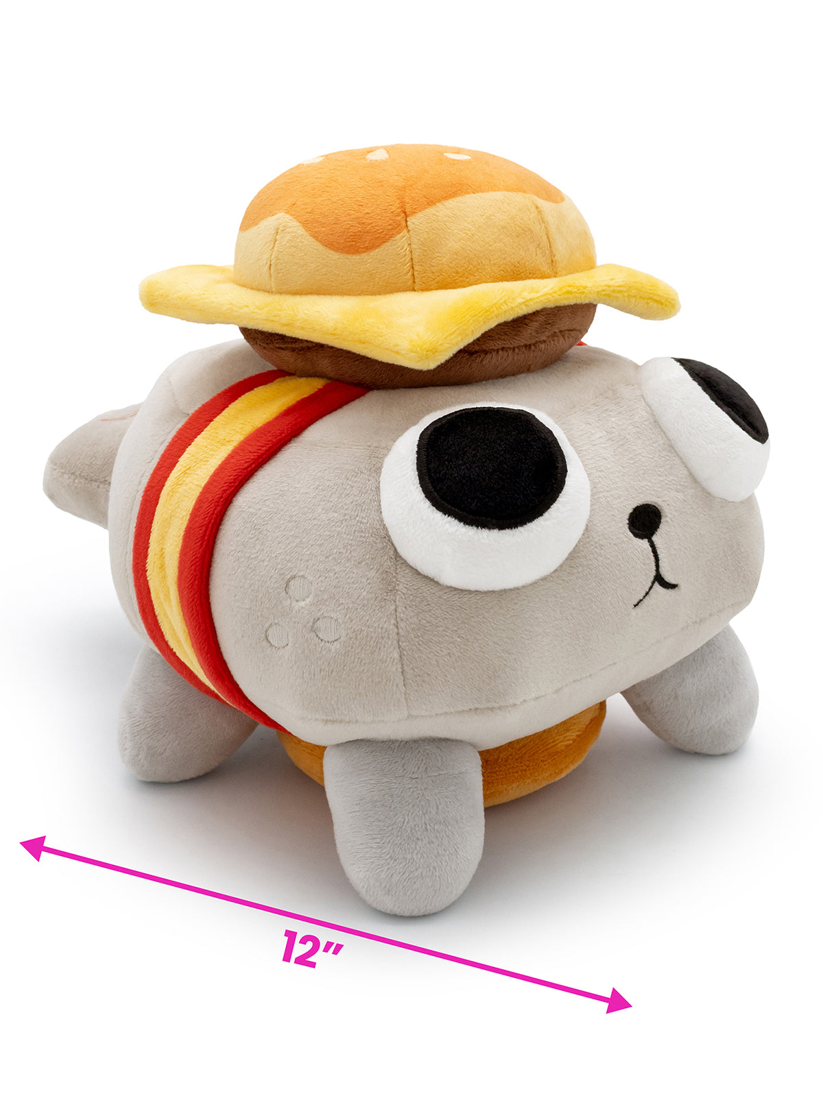 Pebble plush with cheese burger on his head and bottom. facing right. scale on bottom says 12"