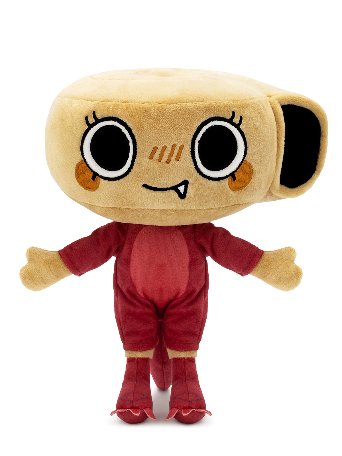 A plush toy doll with a large beige head, cartoon eyes, orange cheeks, and a red body, standing against a plain white background.