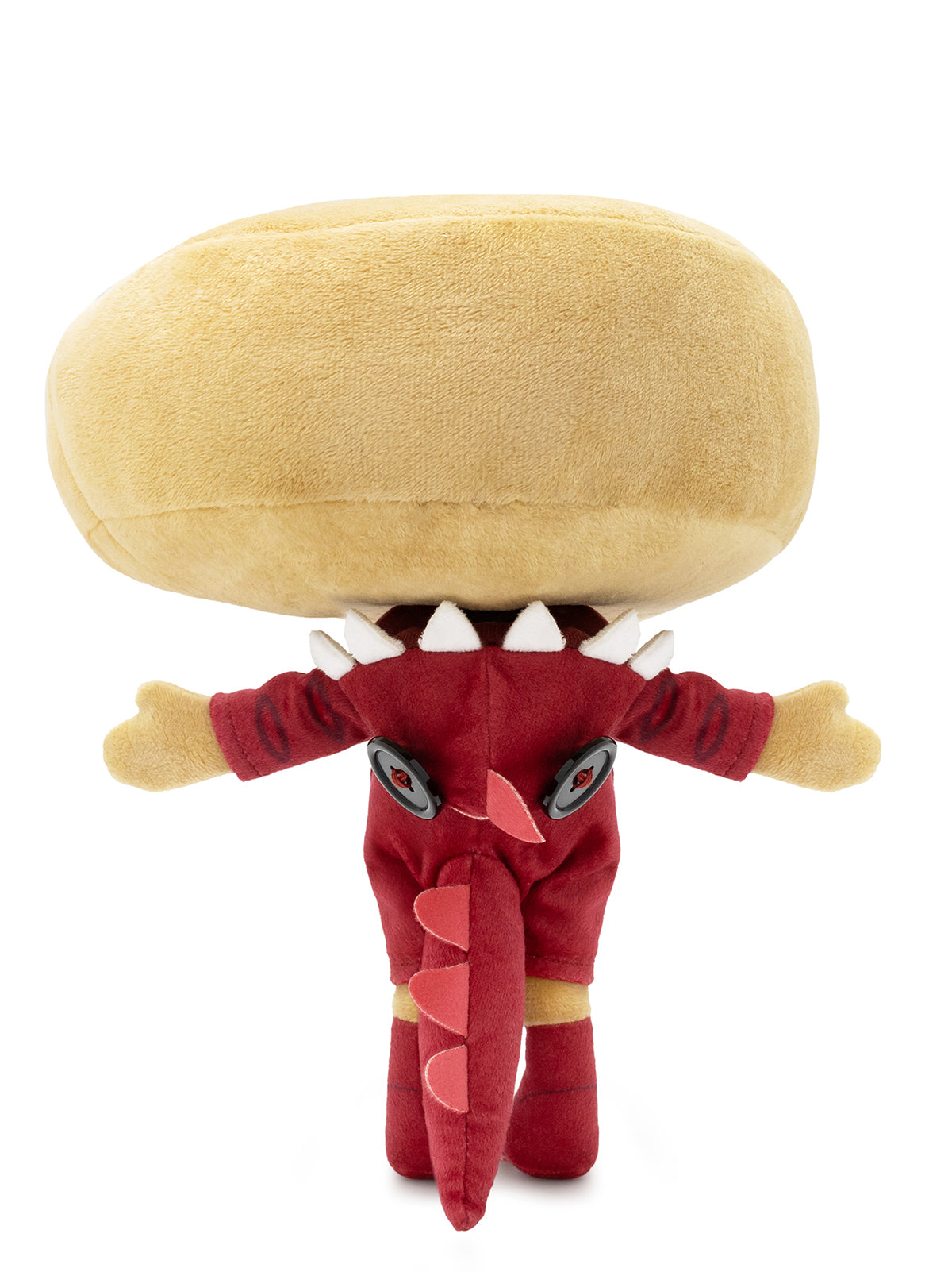 A plush toy character with a large beige head, red body, and small white teeth, photographed against a plain white background.