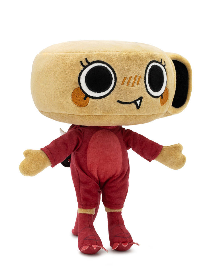A plush toy character with a large beige head, oversized black-and-white eyes, small orange cheeks, and a red body with matching red feet and tan hands, shown on a plain white background.