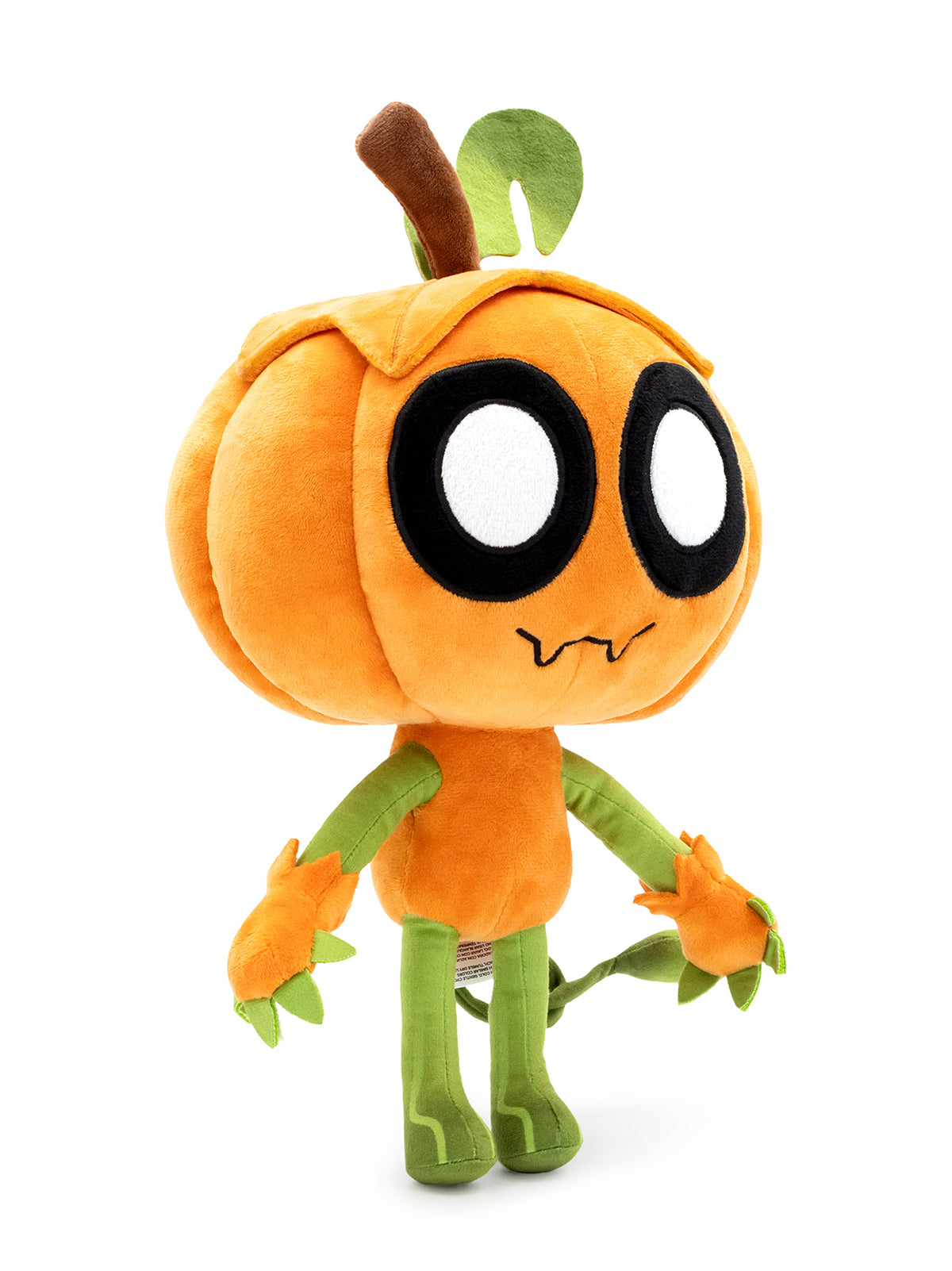 A plush toy character shaped like a cute orange pumpkin with large cartoon eyes, green stem and leaves, and small orange flower-like hands, photographed on a clean white background.