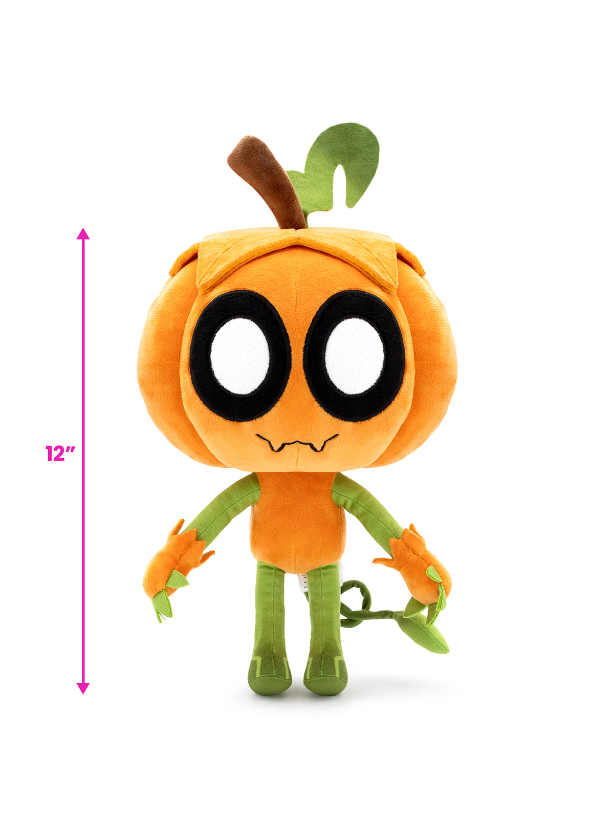 A 12-inch plush toy of a cartoon pumpkin character with large white eyes, green leaves, and orange arms and legs, shown on a white background with a pink height measurement marker.