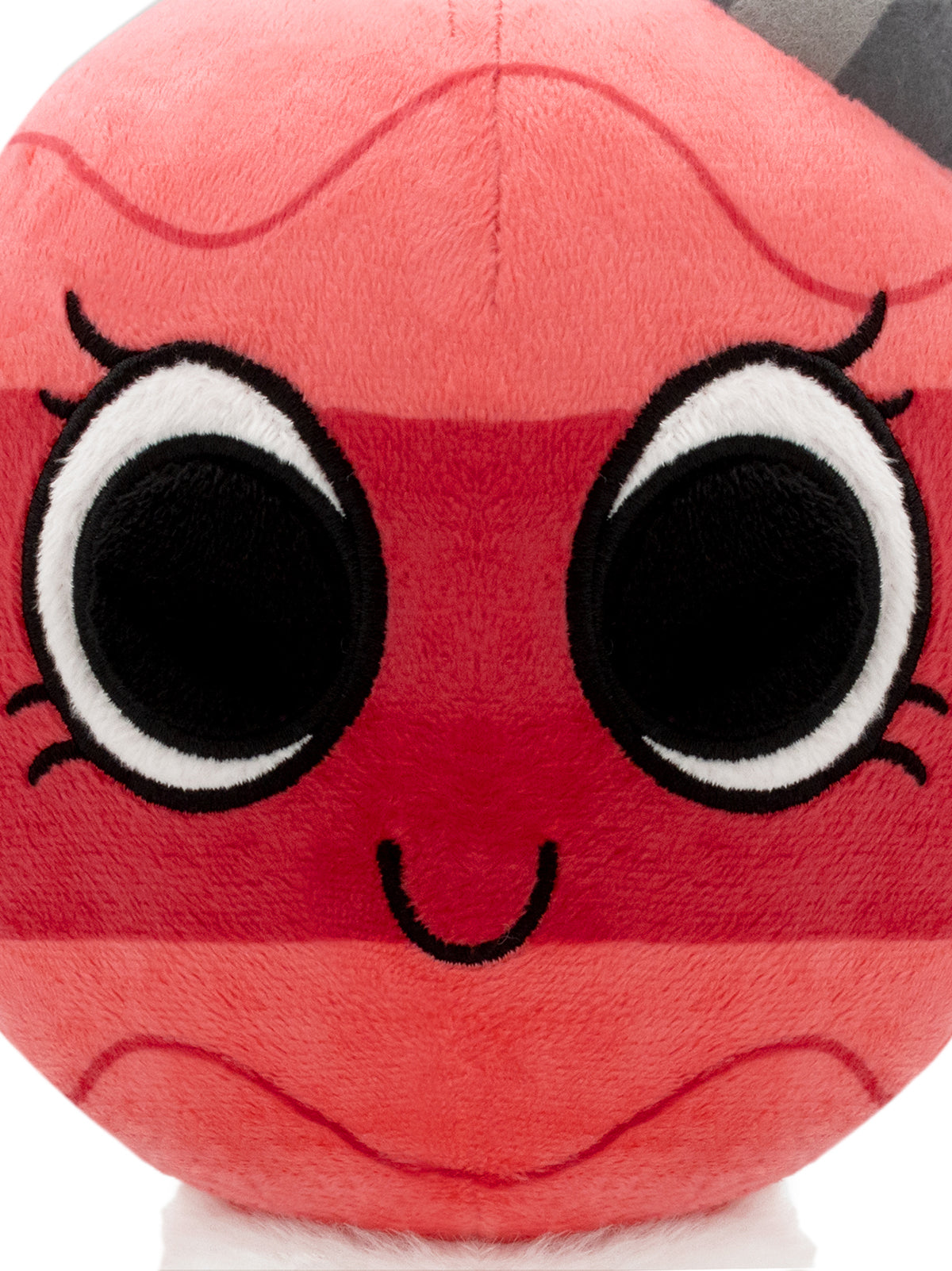 close up of bobette plush face. two eyes, small smile