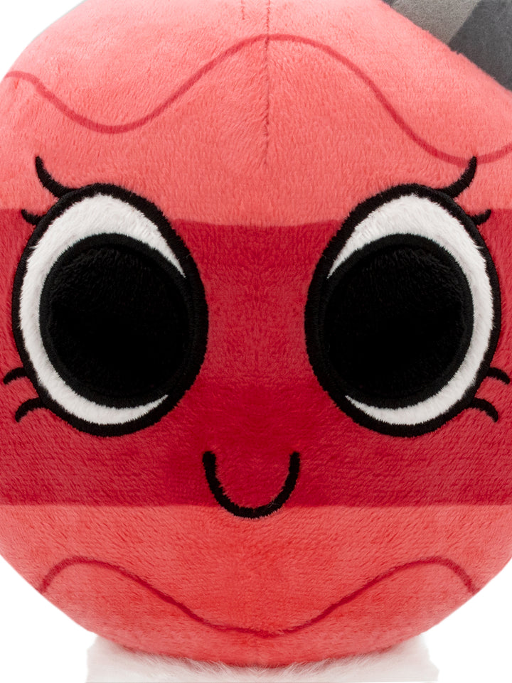 close up of bobette plush face. two eyes, small smile