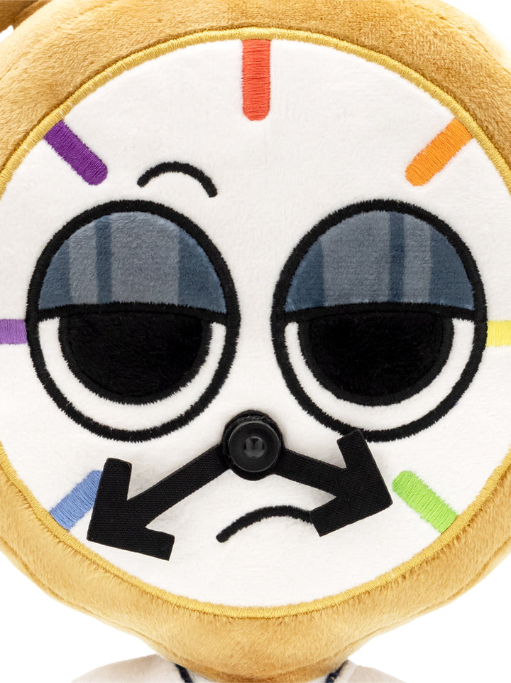 close up of dyle plush face. two eyes with drooping eyelids. clock face with two arrow hards facing down. frown. small eyebrow