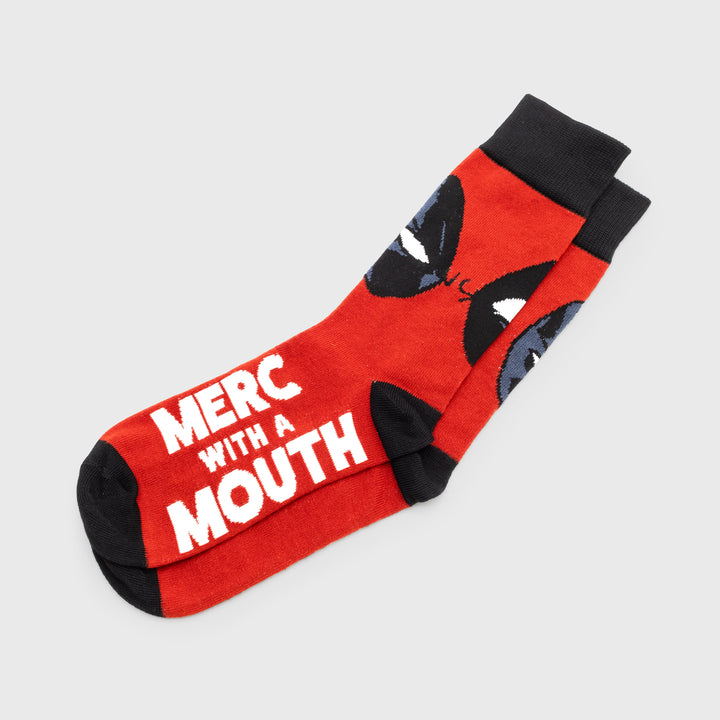 crewneck socks. deadpools eyes. text: merc with a mouth