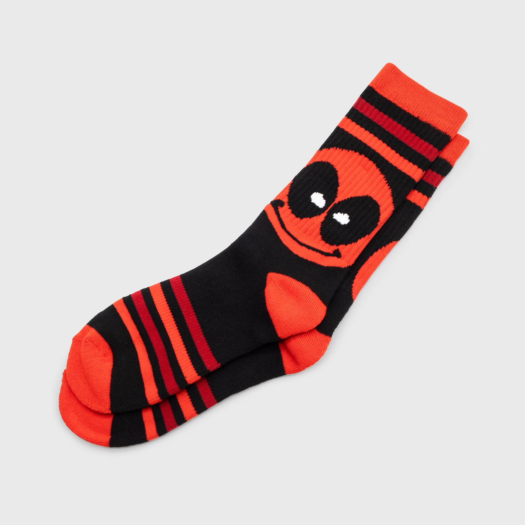 crewneck socks. deadpool smiling face.