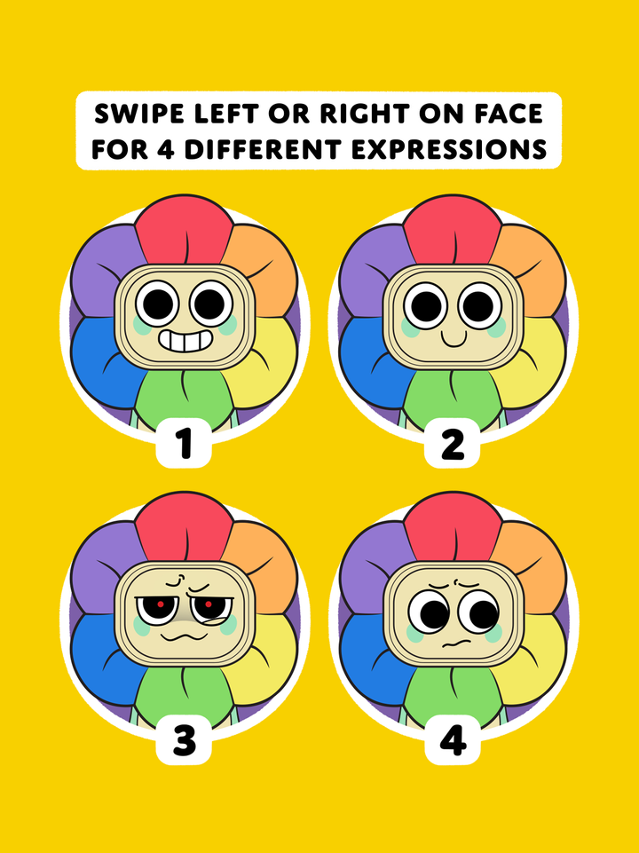 Colorful character with different facial expressions on a yellow background