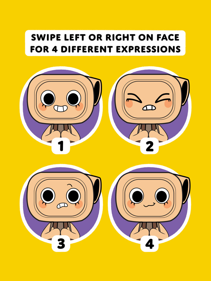 Cartoon character with different facial expressions on a yellow background