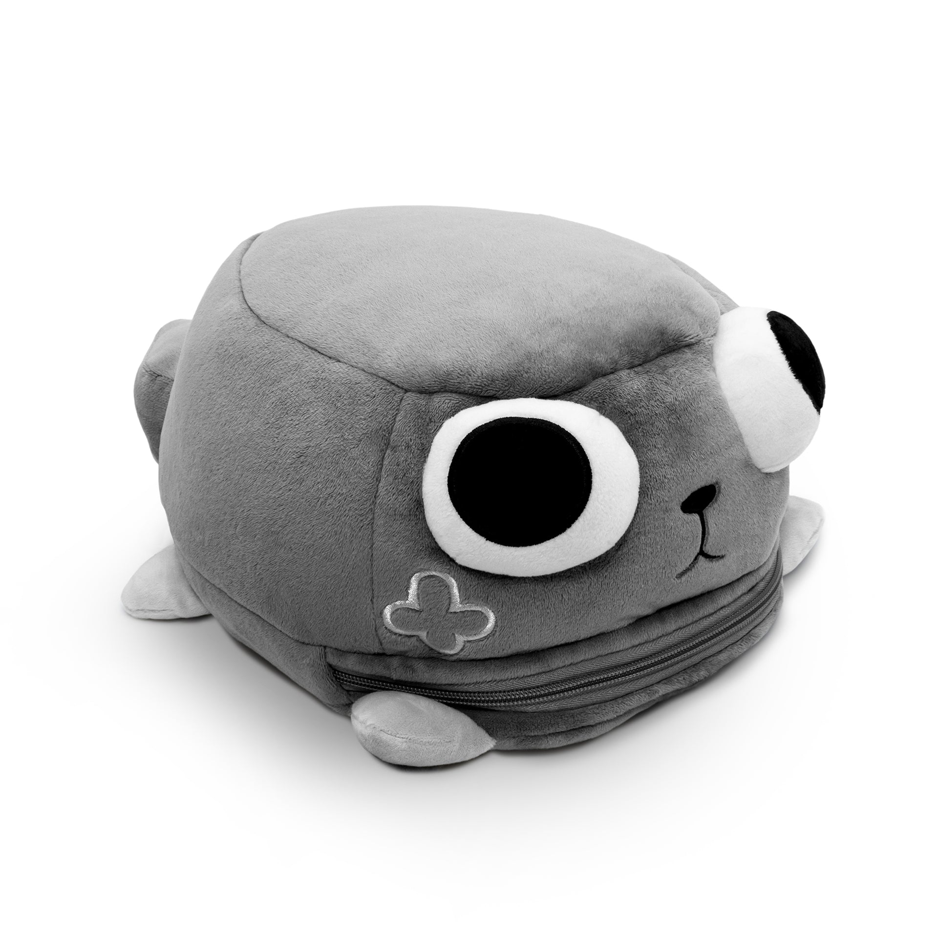 Gray plush backpack with a large eyes on a white background