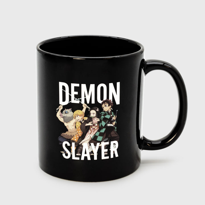 black cermaic mug. showing Inosuke, Zenitsu, Nezuko, and Tanjiro. text: Demon Slayer