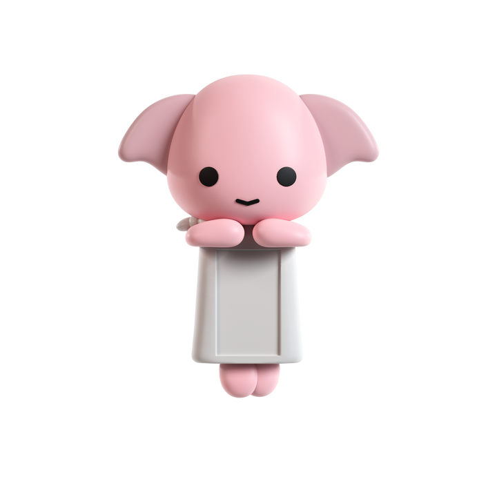 A stylized chibi figurine of a pig looking  character with a gray robe, isolated on a solid black background.