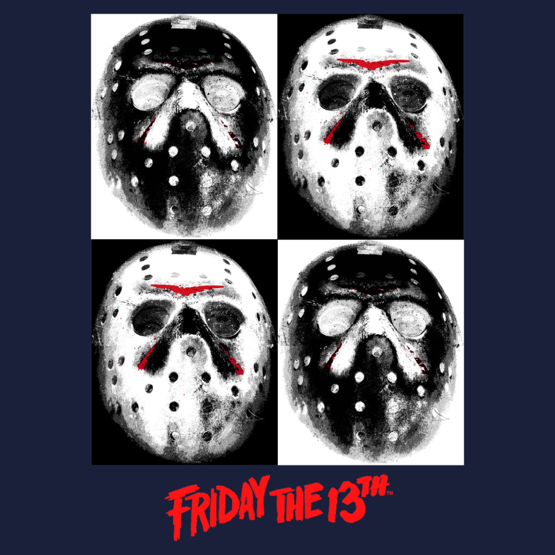 image on shirt: black and white checker 4 square grid, each with jason's hockey mask. text: friday the 13th