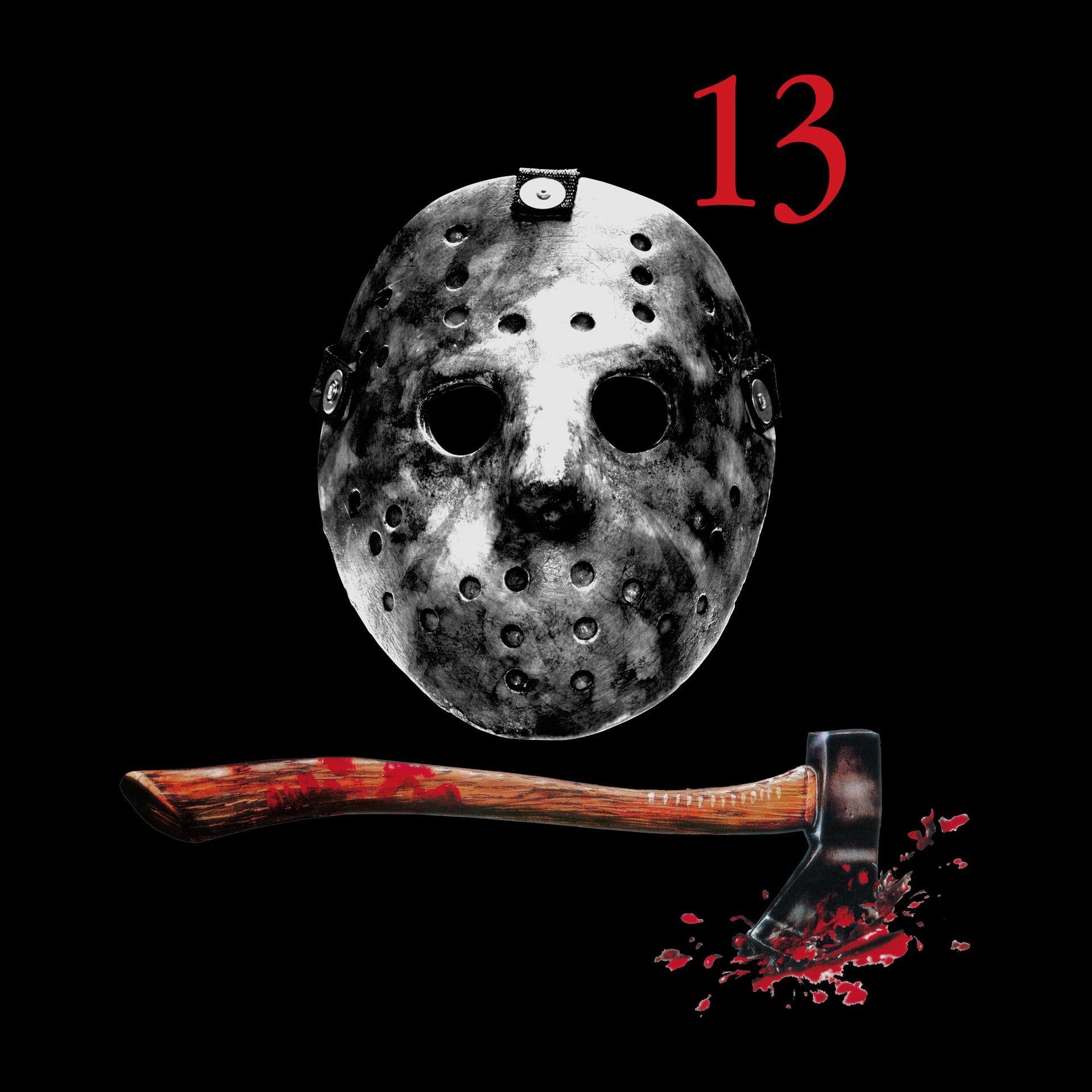 close up of front of shirt: jason's hockeymask. bloody axe. text: 13