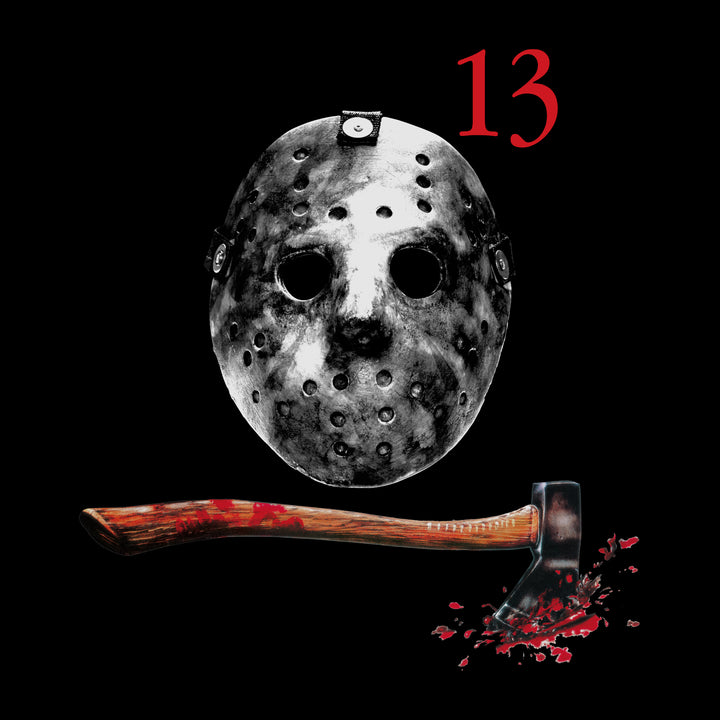 close up of front of shirt: jason's hockeymask. bloody axe. text: 13