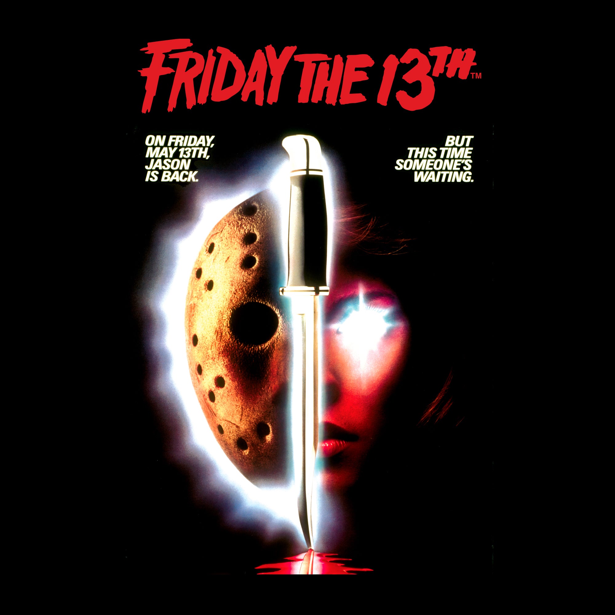 image on back of shirt: knife with blood split down jason's mask and woman's face. text: friday the 13th on friday, may 13th, jason is back. but this time someone's waiting.