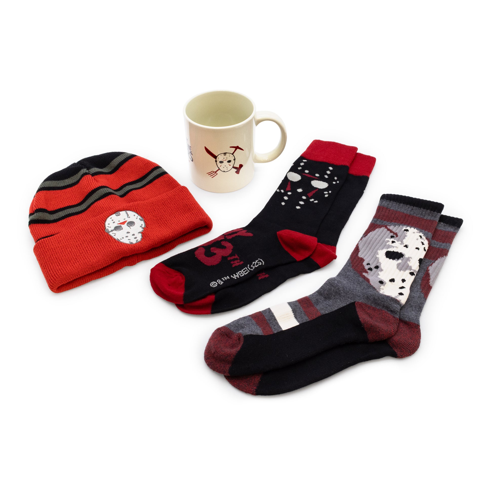 Red and black beanie, socks, and mug with cartoon design on a white background