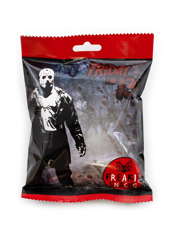 A sealed retail bag featuring a horror-themed Friday the 13th design with a black-and-white hockey mask figure and red branding, photographed on a plain white background.