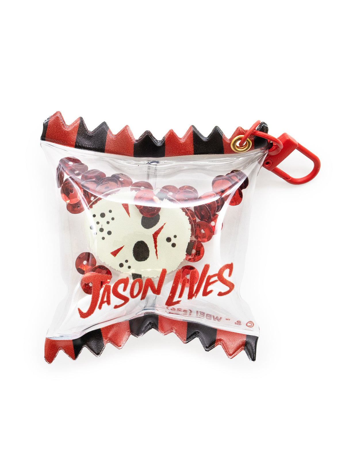 keychain that looks like a chip bag with jason lives written on it with hockey mask charm and red glitter inside