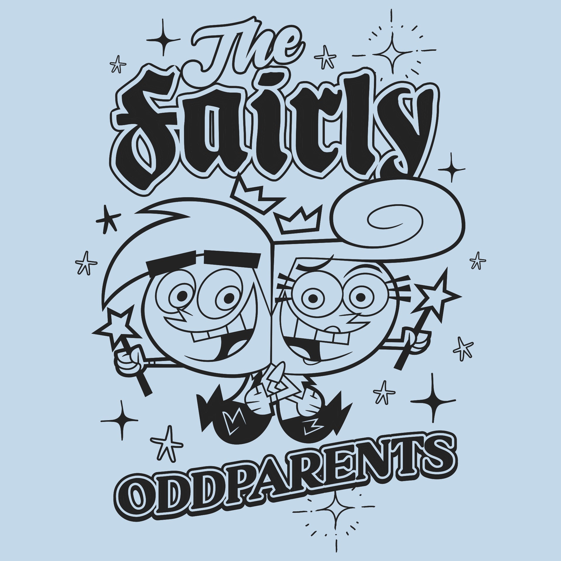 close up image on shirt: two fairies holding wands and crowns. Cosmo and wanda. Holding each other back to back. sparkles around. text: the fairly oddparents