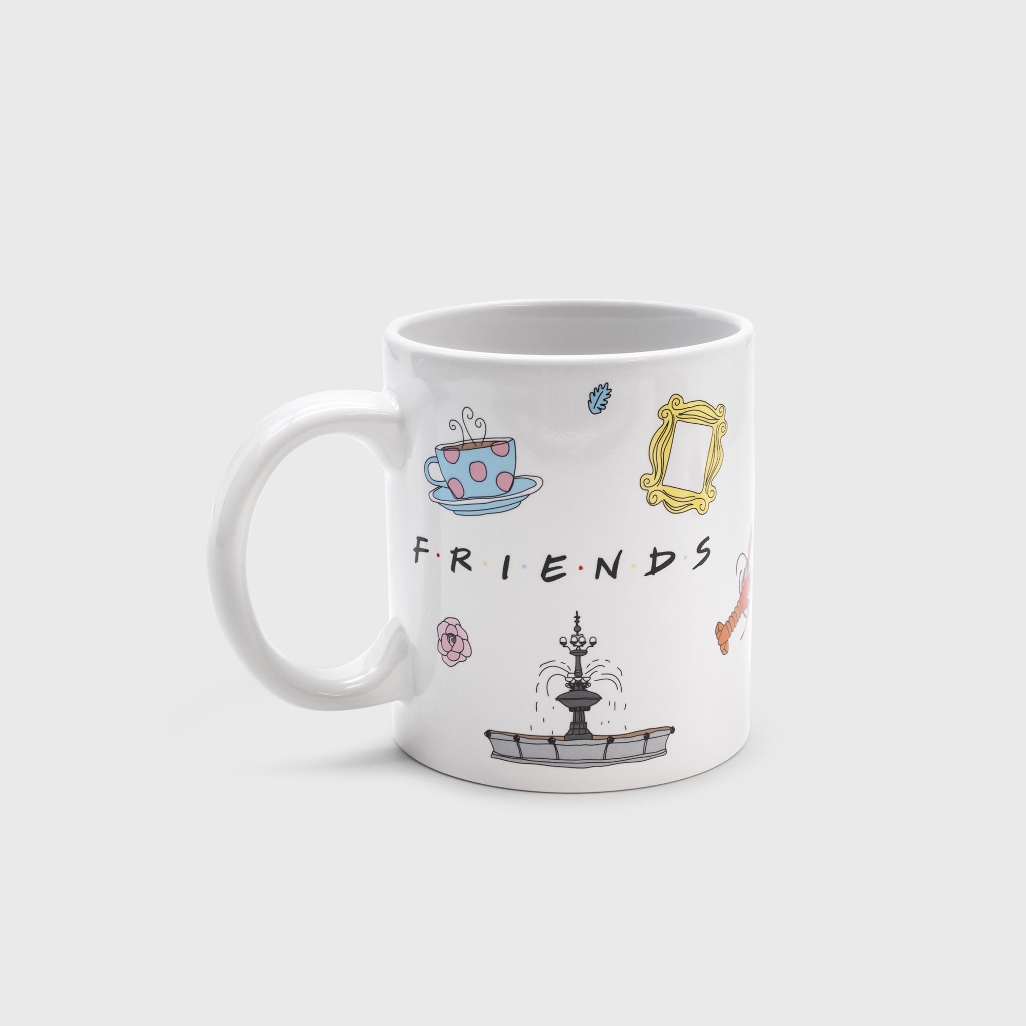 side of mug 2. image: fountain. door frame. lobster. flowers. coffee cup. text: friends