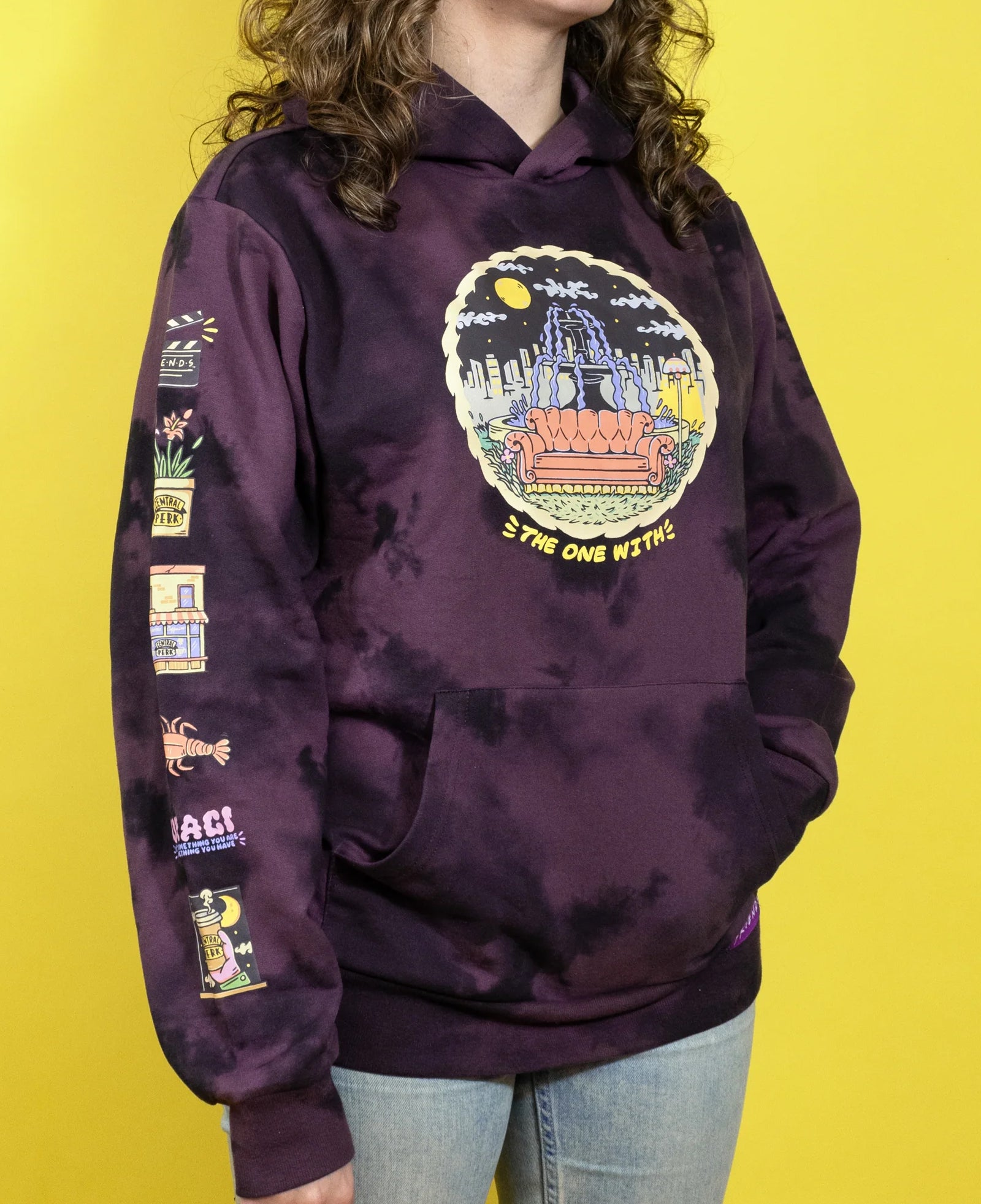 purple tie dye hoodie on female model