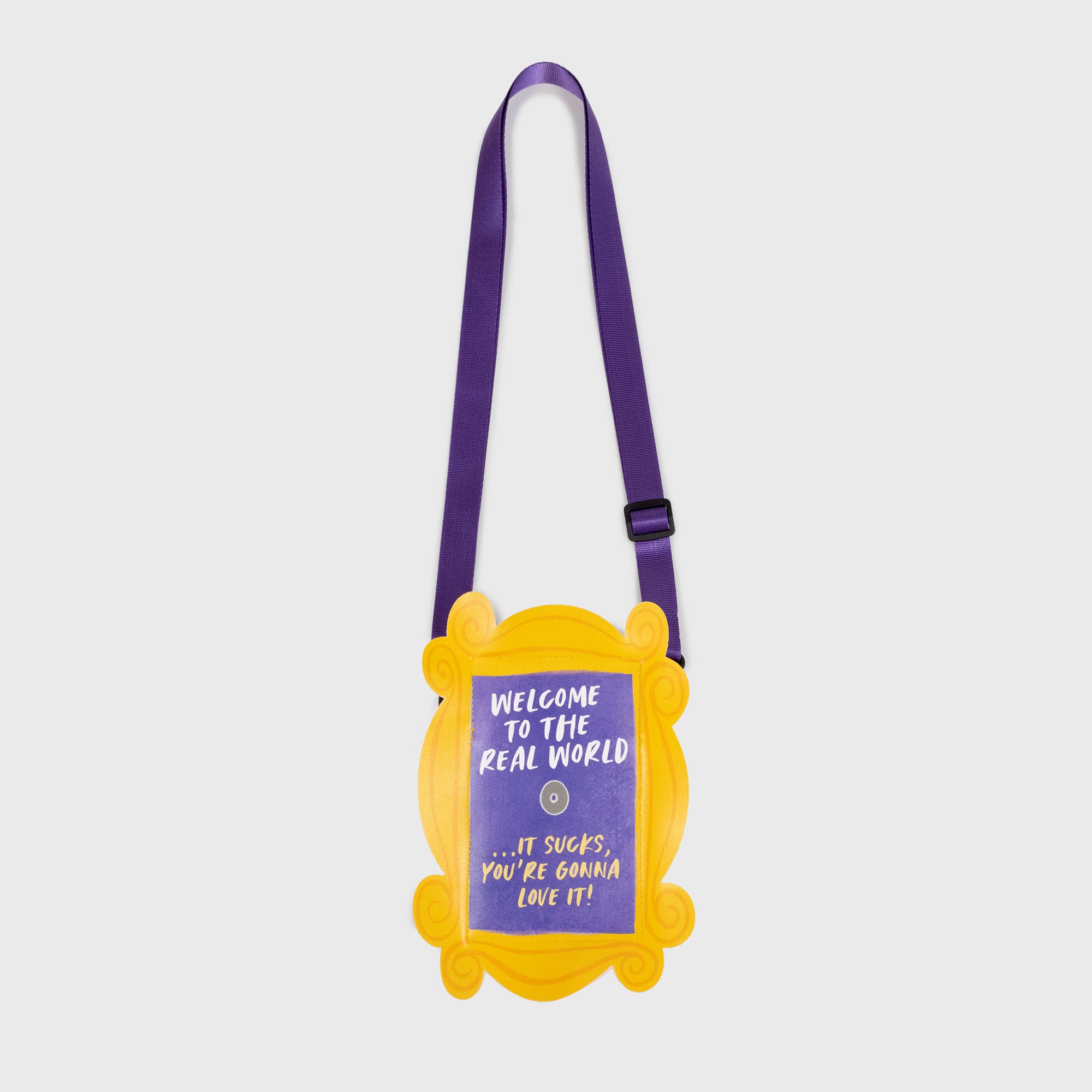 crossbody phone bag shaped like picture frame. text: welcome to the real world...it sucks, you're gonna love it!