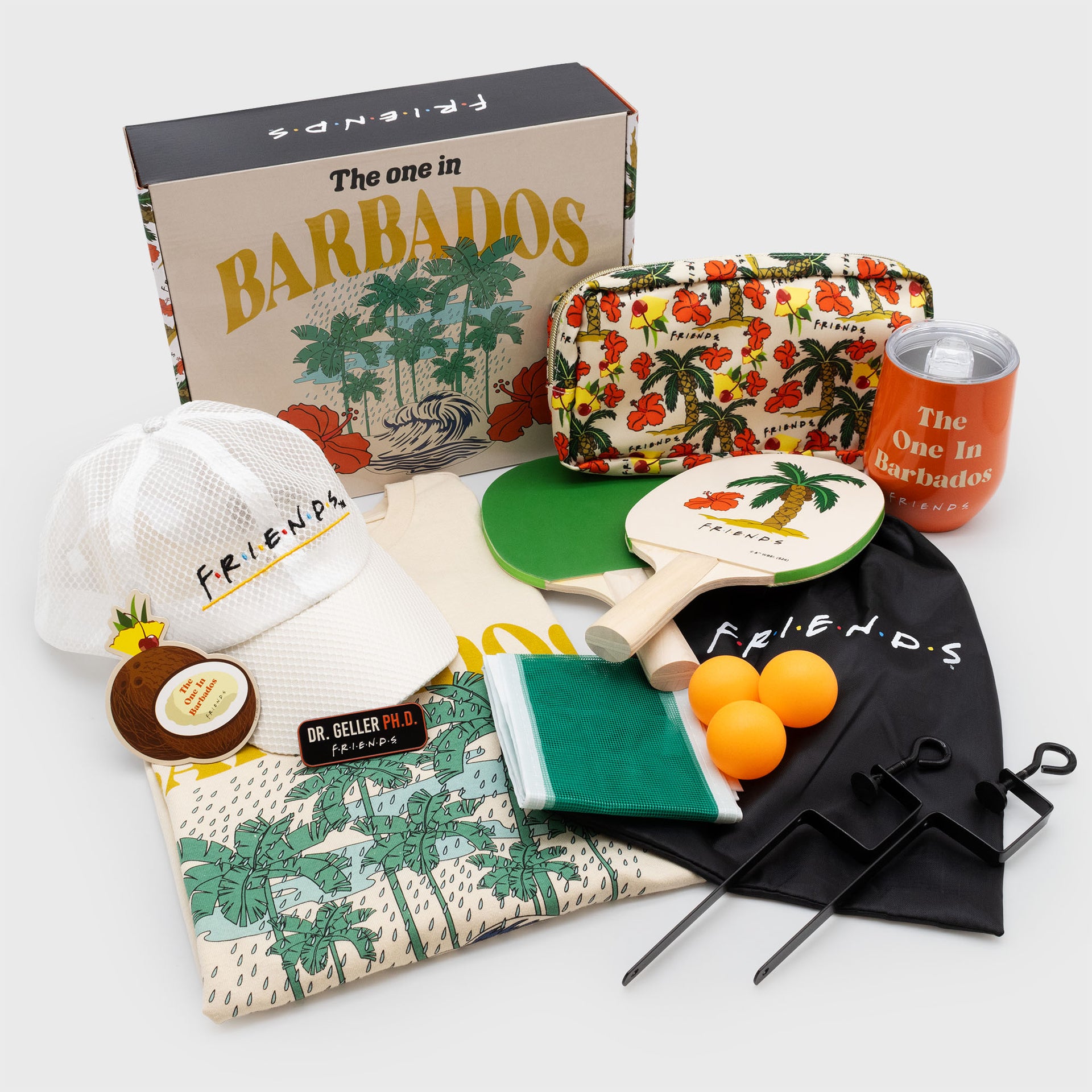 friends box full reveal T-shirt, Mini ping pong set, Travel tumbler, Mesh cap, Travel pouch, Magnet