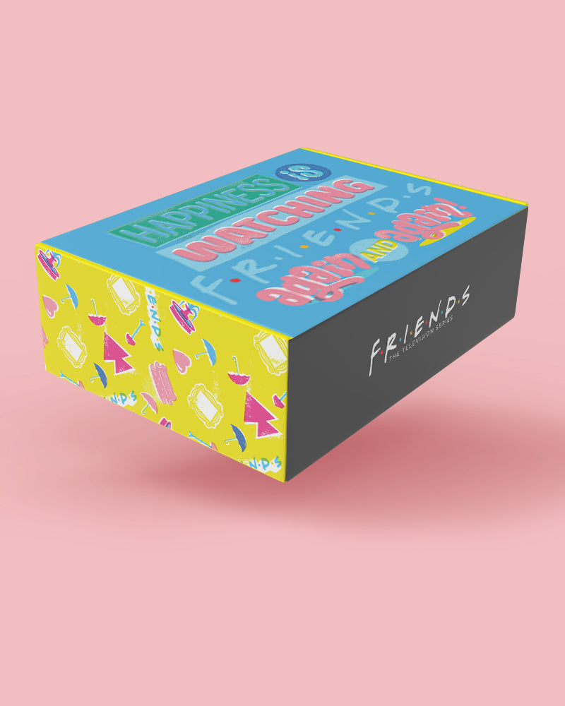 Box with 'Friends' branding and colorful design on a pink background