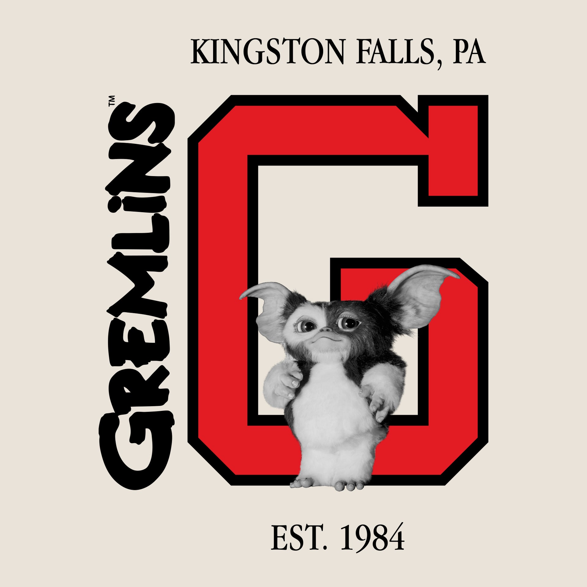 image on front of shirt: gizmo in front of big g. textL kingston falls, pa gremlins. est. 1984.