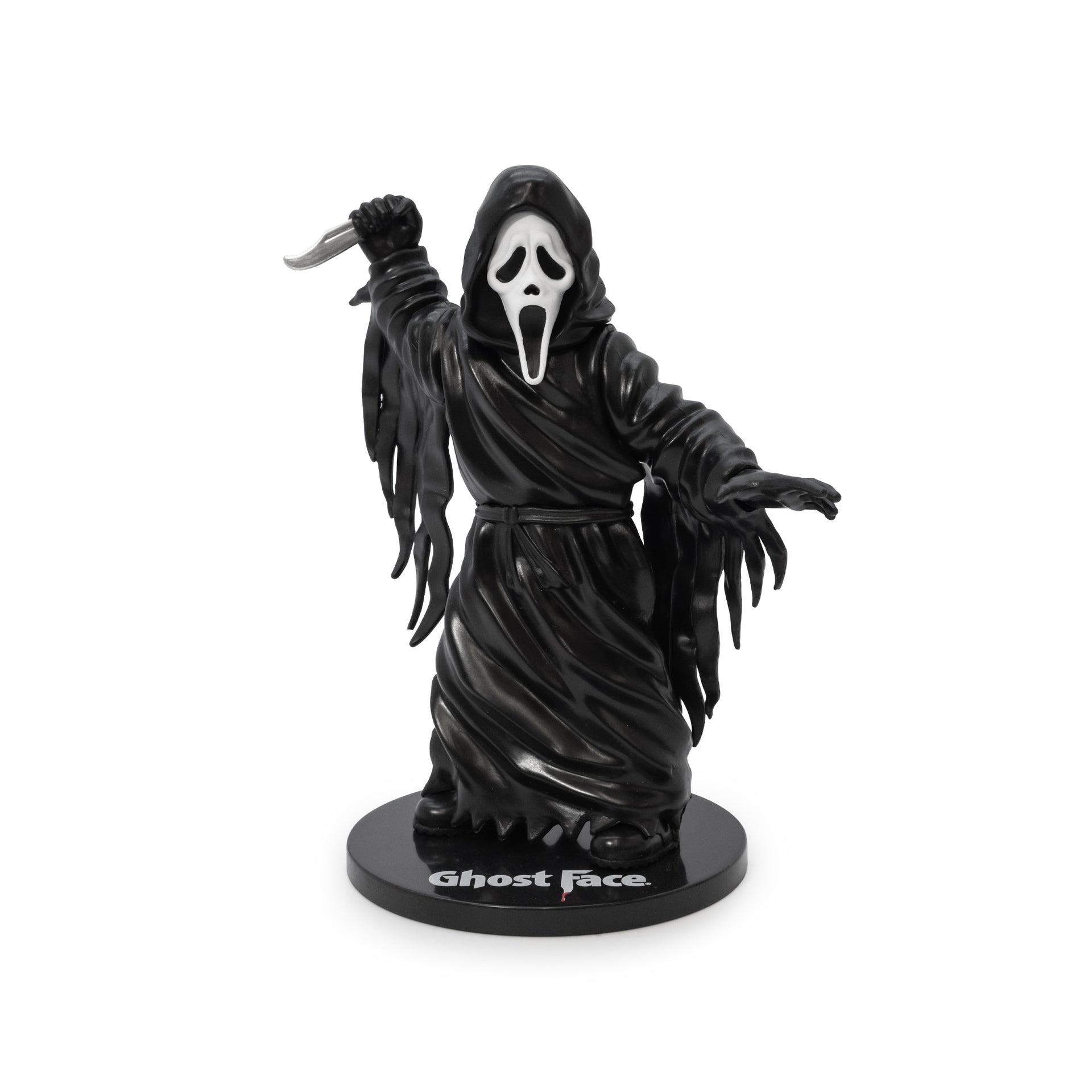 ghostface figure holding knife raised on stand