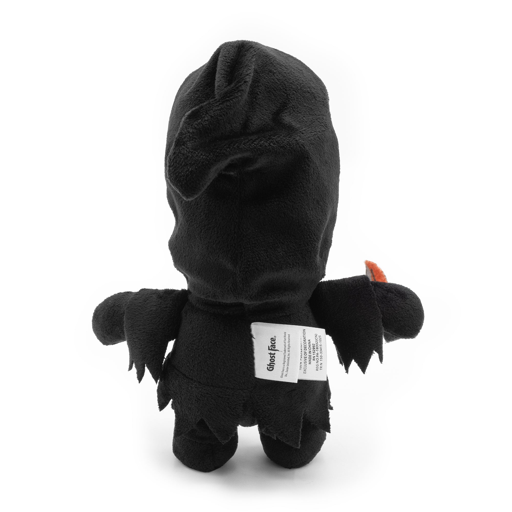 Black plush toy with a hood on a white background