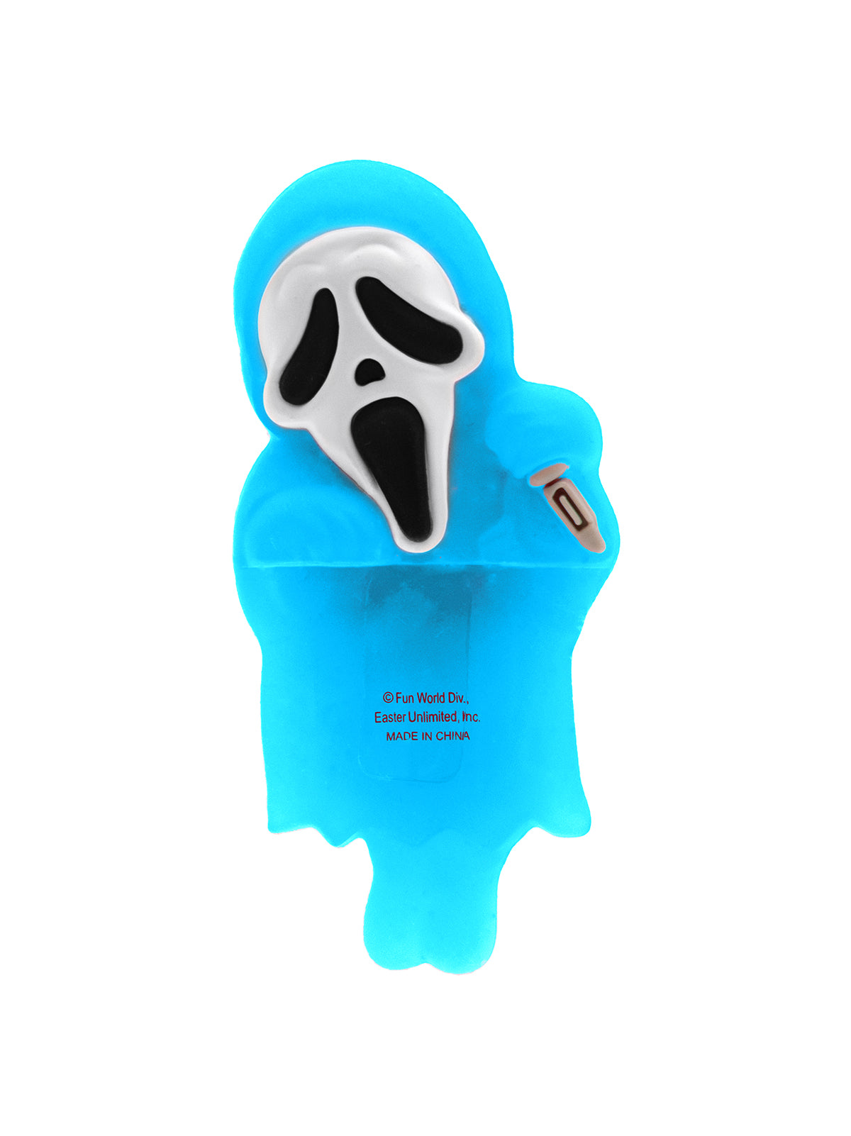 Blue ghost-shaped figure with a white face design on a white background