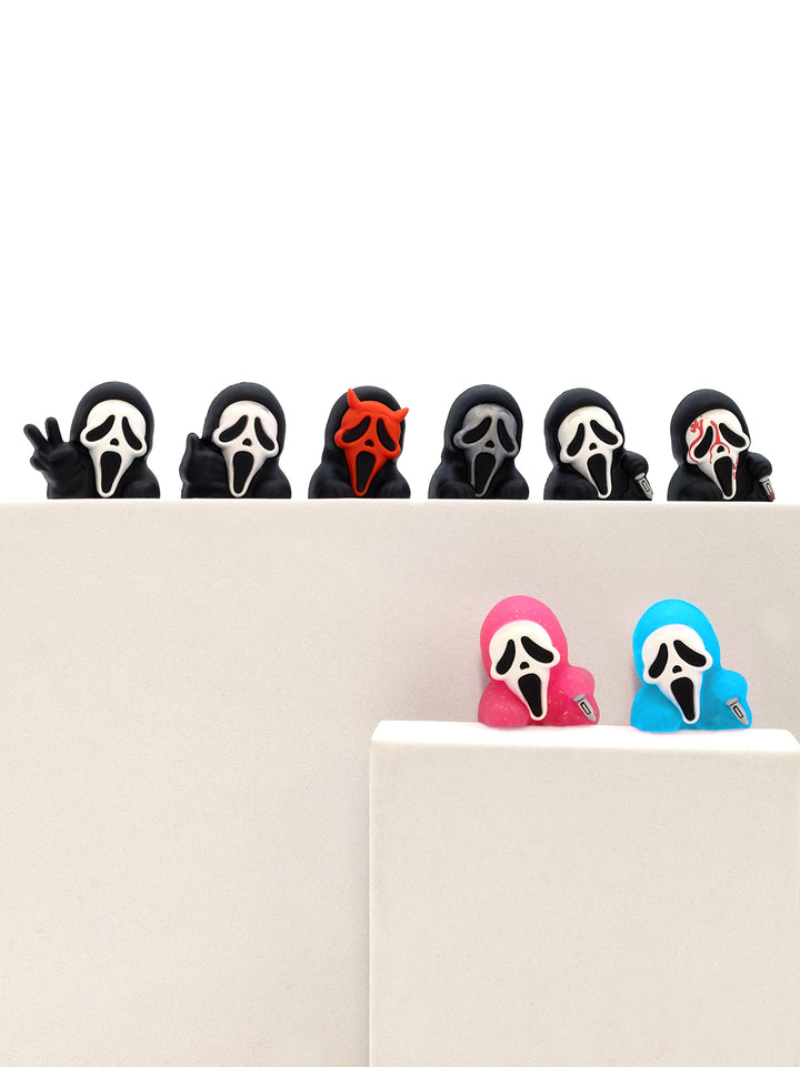 Scream-themed phone huggers with black, red, pink, and blue colors on a white background.