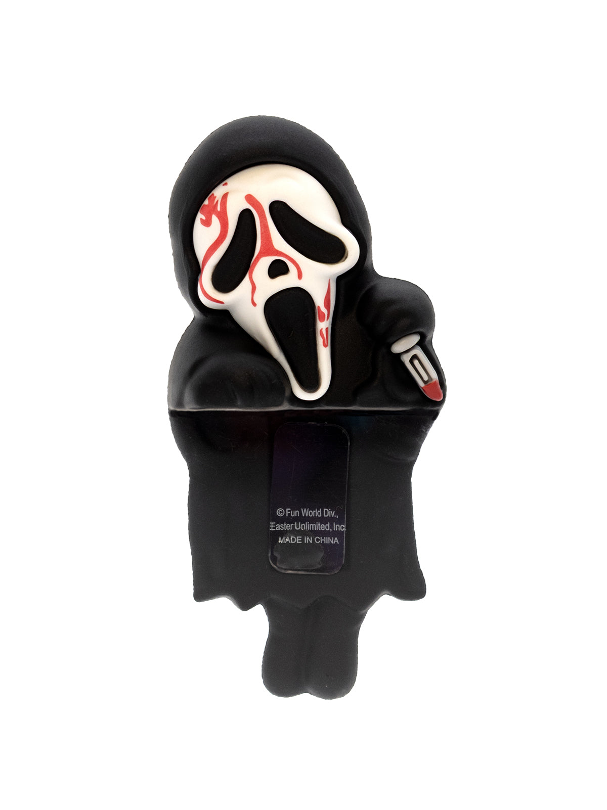 Black hooded figure with a white mask featuring red markings on a white background