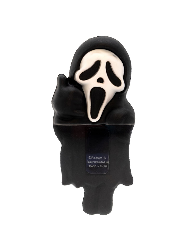 Scream character plush toy with black hood and white face with a phone hand gesture on a white background