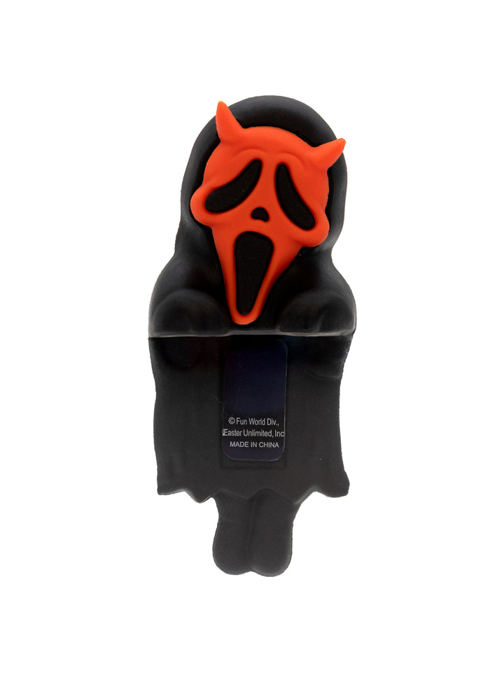 Black ghost with red mask on a white background
