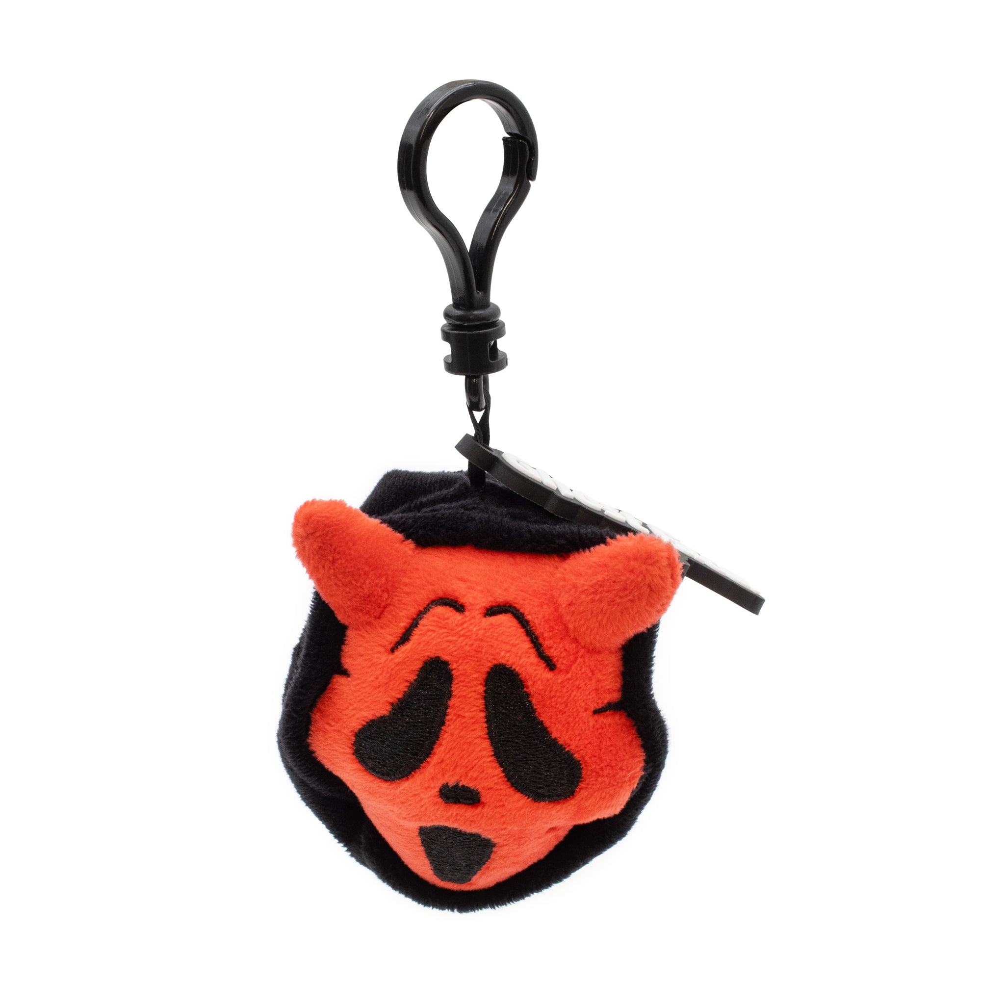 Plush keychain with a red and black design on a white background