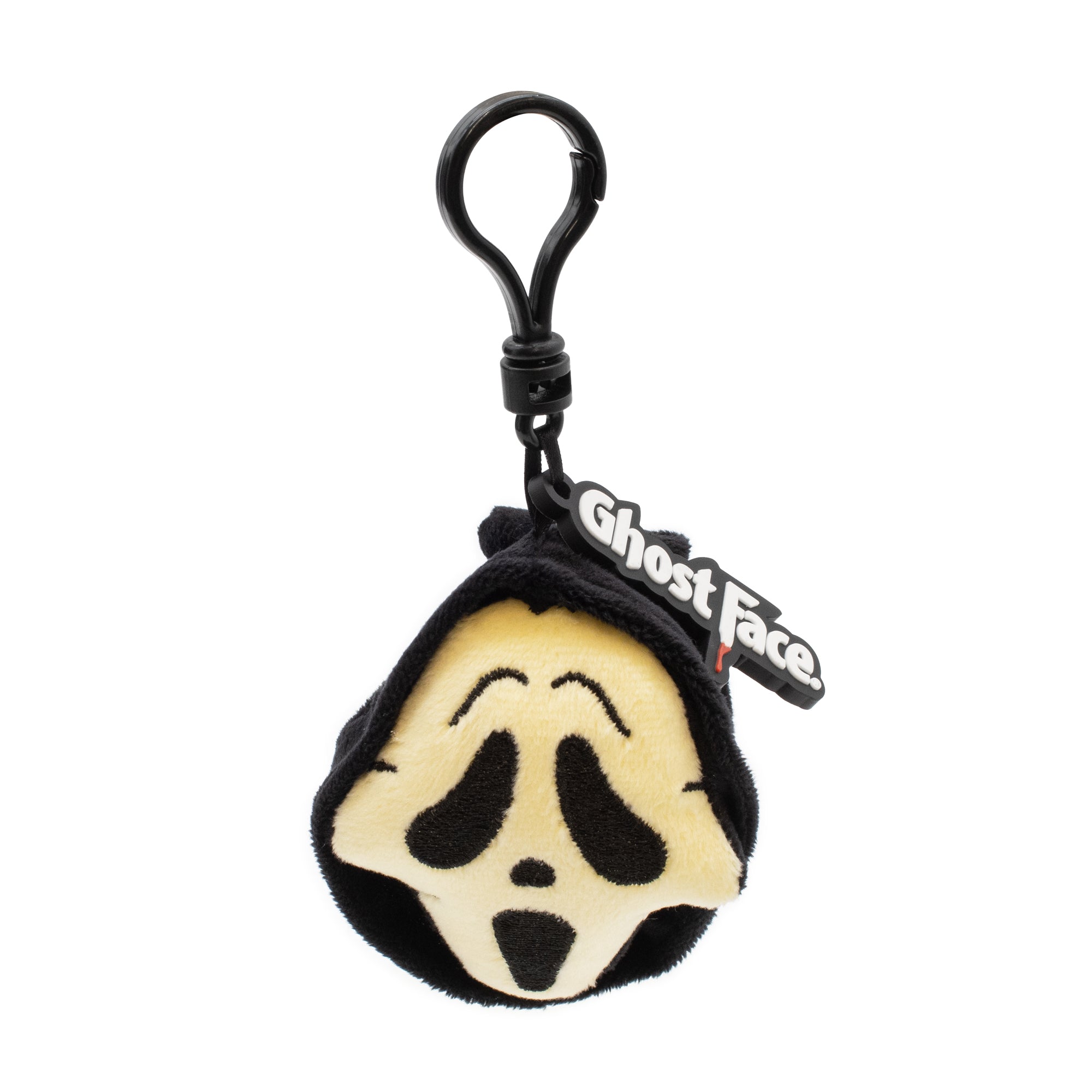 Plush keychain with ghost face design and 'Ghost Face' tag on a white background