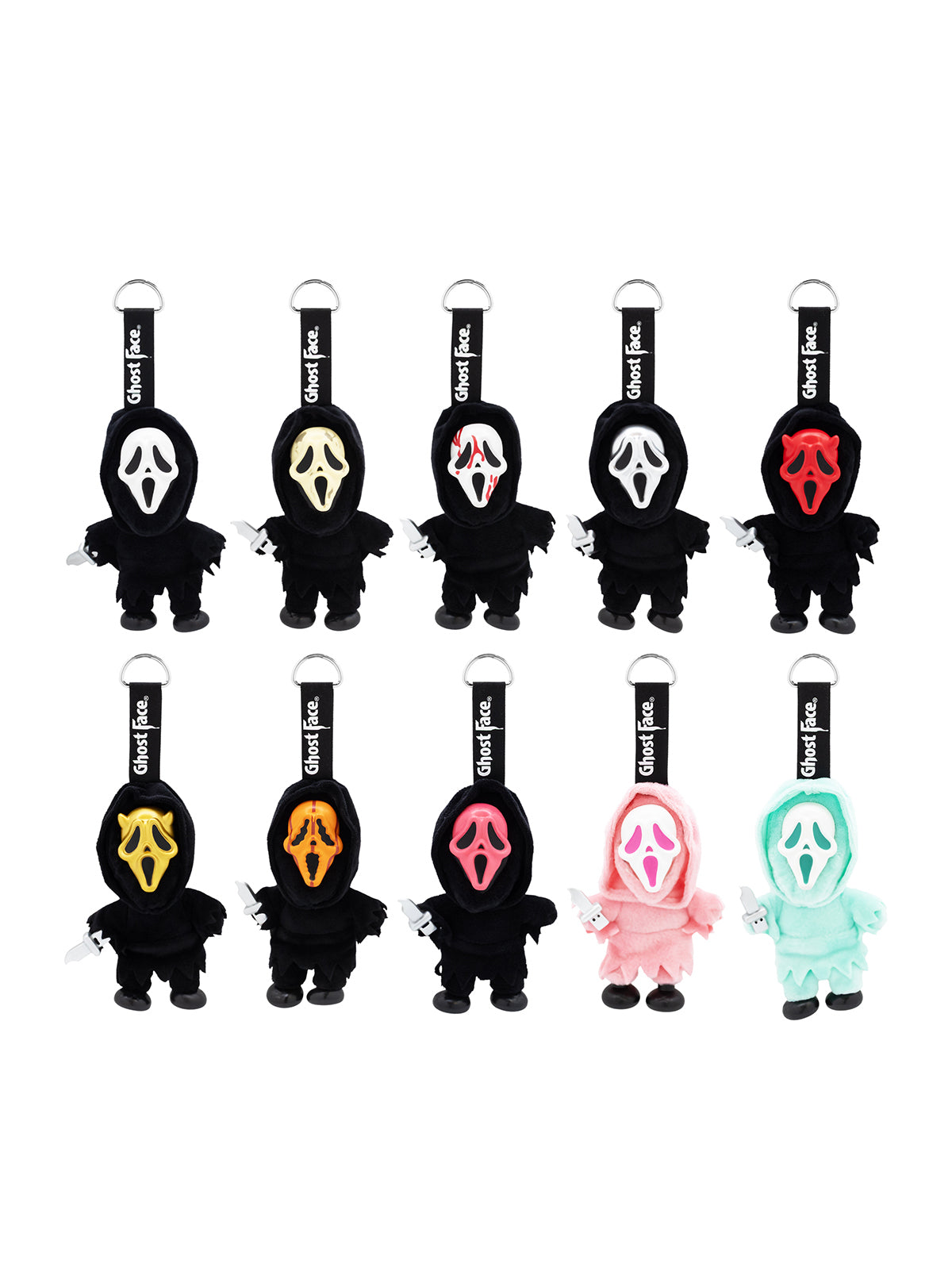 A set of ten Ghostface plush keychains arranged in two rows of five on a plain white background. Each plush is dressed as the Ghostface character, with different mask colors including black, white, red, yellow, orange, pink, and mint green.