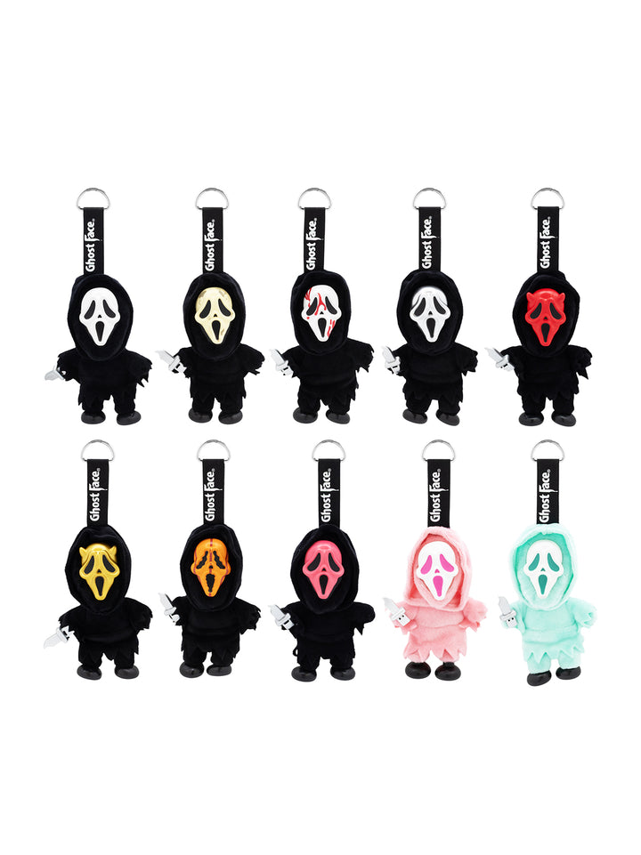 A set of ten Ghostface plush keychains arranged in two rows of five on a plain white background. Each plush is dressed as the Ghostface character, with different mask colors including black, white, red, yellow, orange, pink, and mint green.