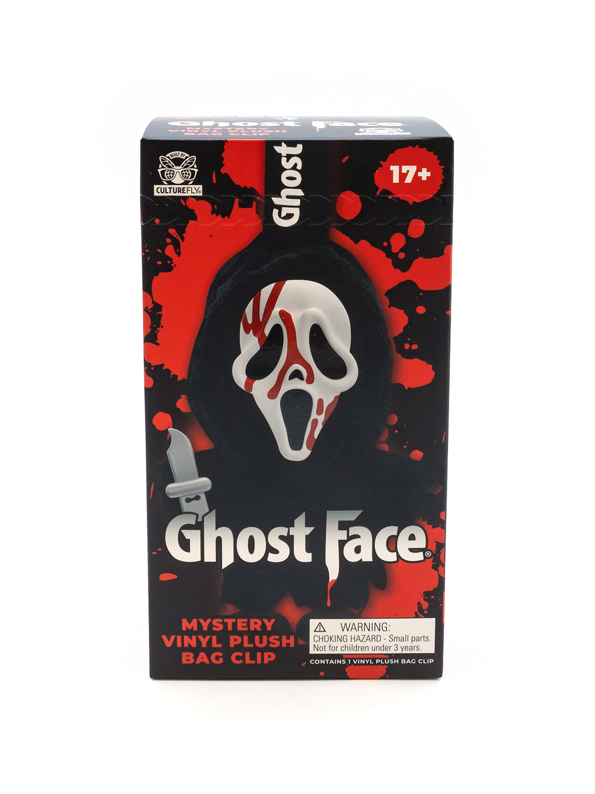 A Ghost Face vinyl plush bag clip in its original retail packaging. The box features the iconic black and red Ghost Face mask design with a small silver knife illustration and a white 'Ghost Face' logo.