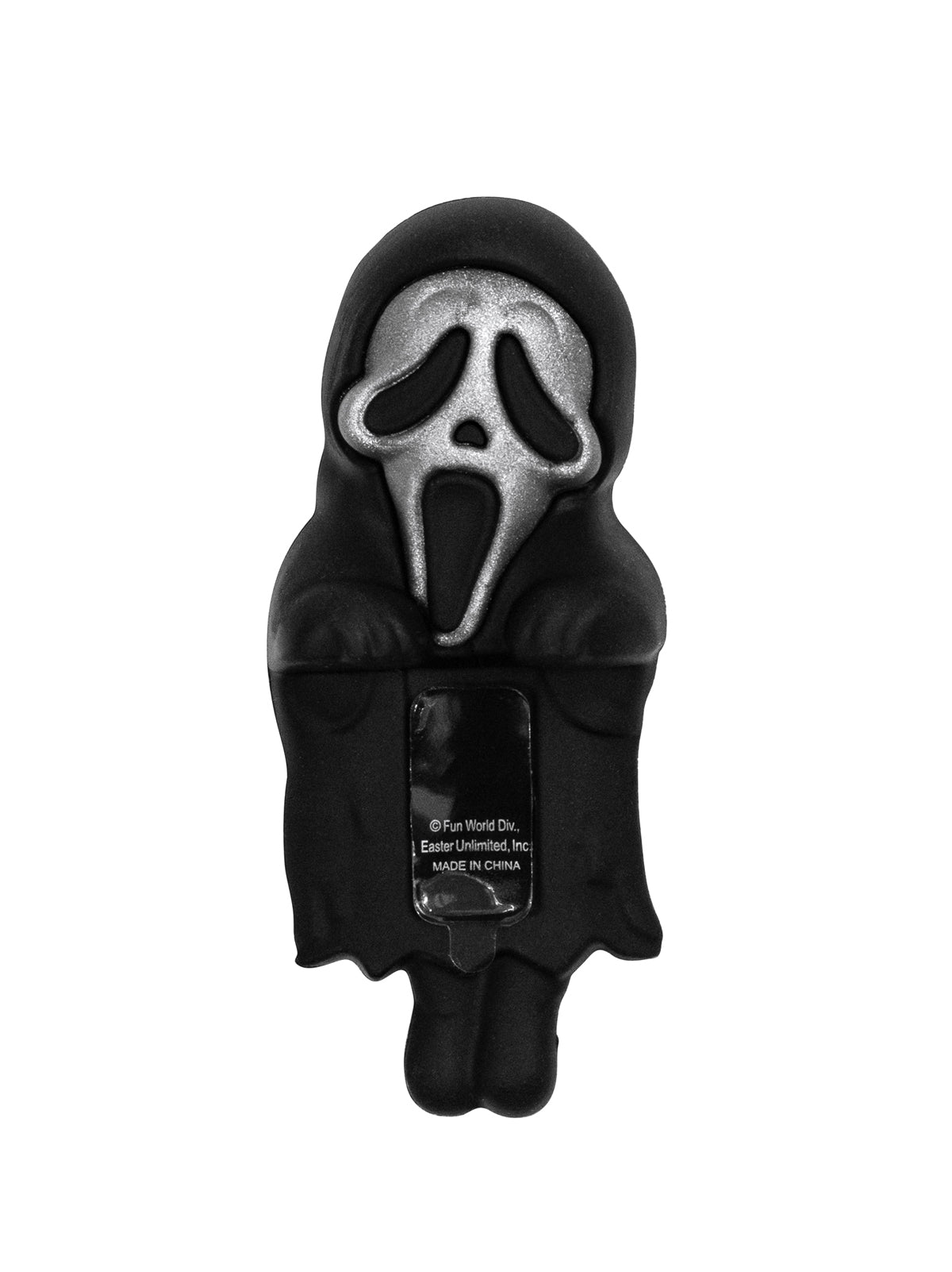ghost face hugger design in a black hooded cloak on a white background