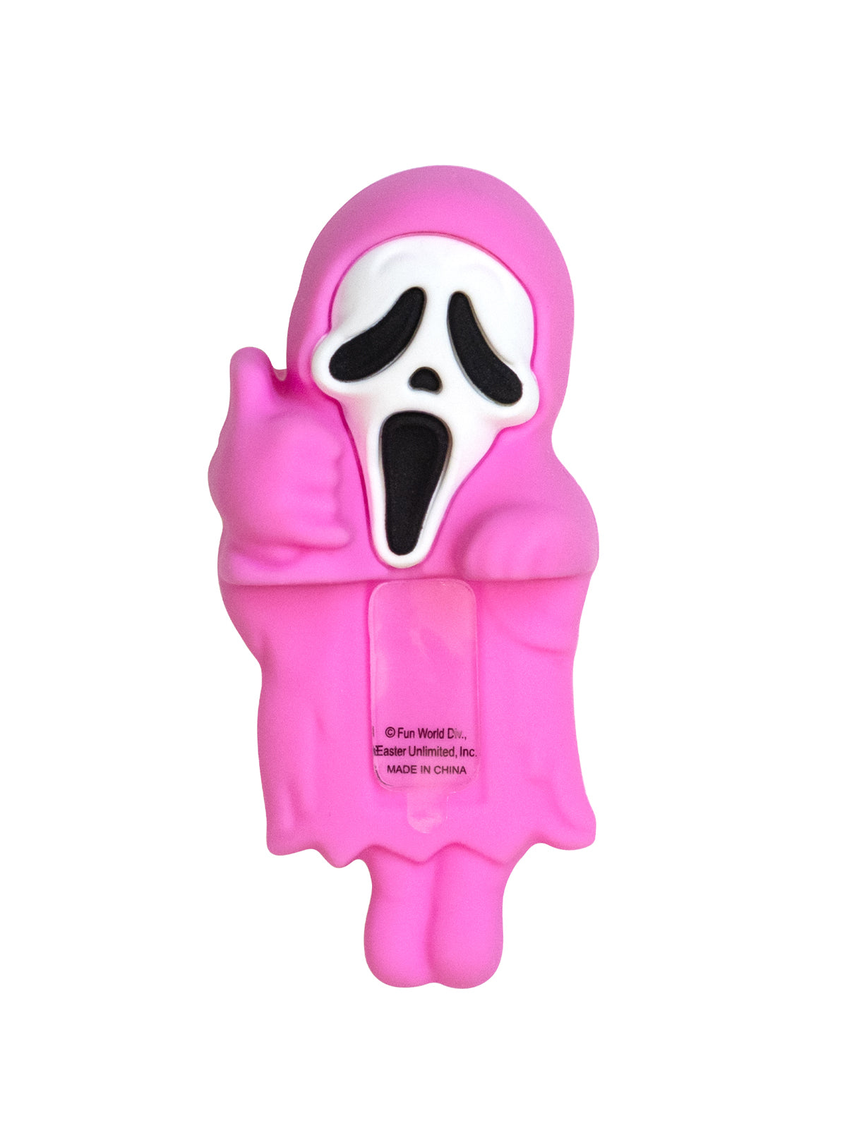Pink ghost-like figure with a white face and black mouth on a white background