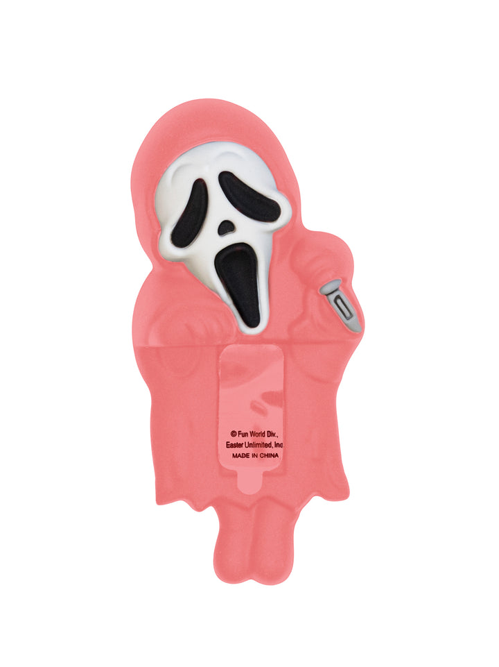Pink ghost-themed phone product with a white face design on a white background