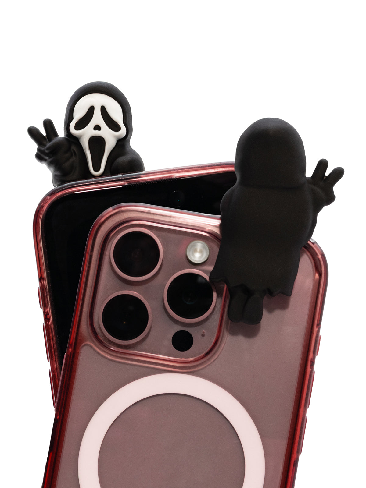 Phone case with ghostly figures on a white background