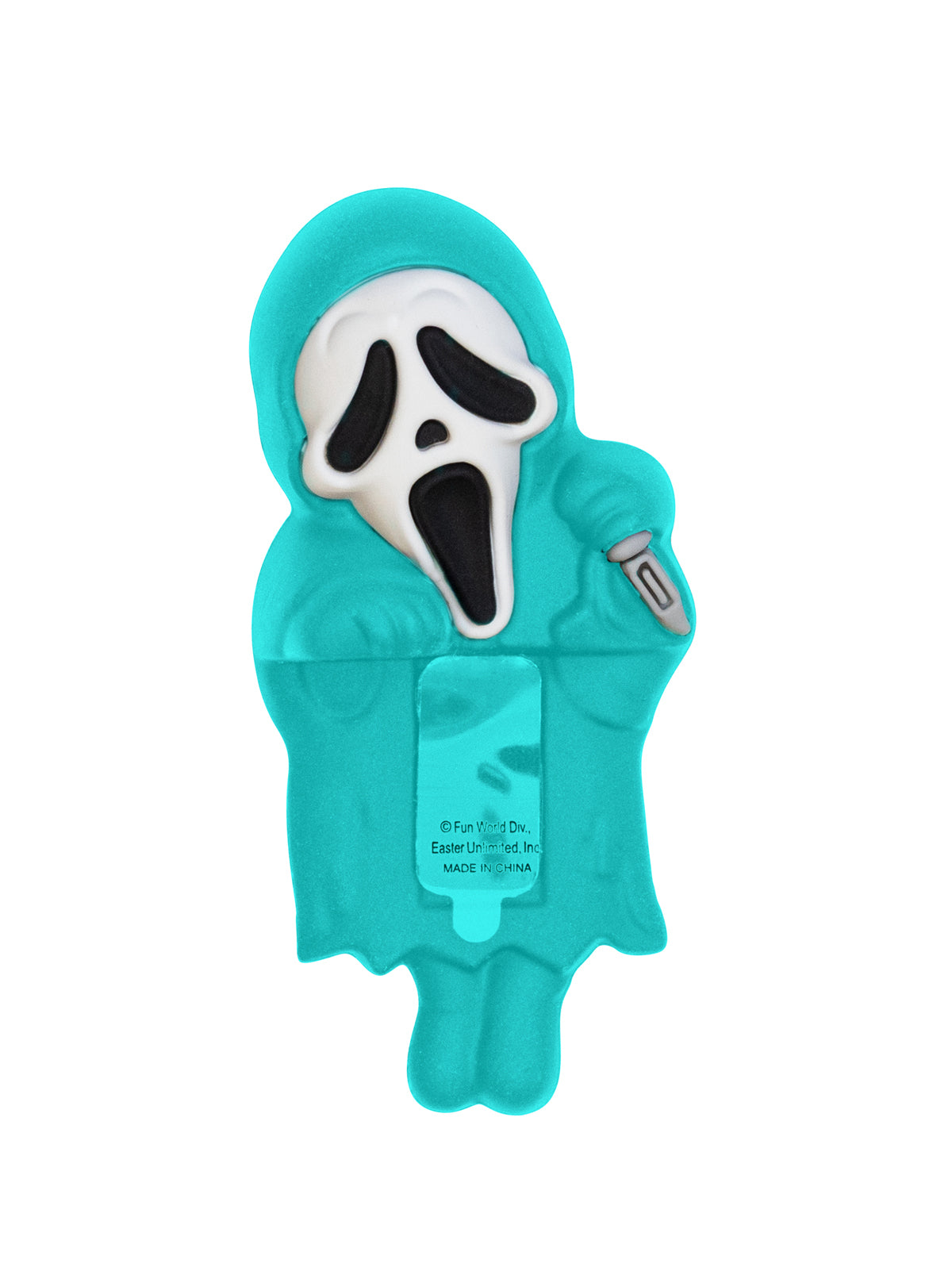 Teal hooded product with a white face design on a white background