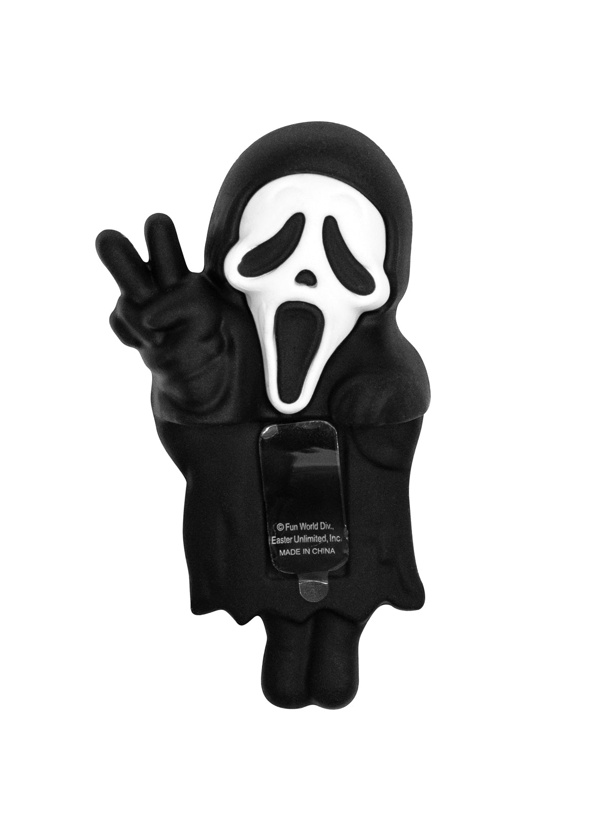 Character in black hood and gloves with a white face mask, making peace sign on a white background