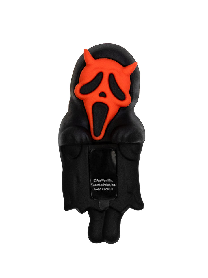 Black hugger ghostface with red devil mask on a white background
